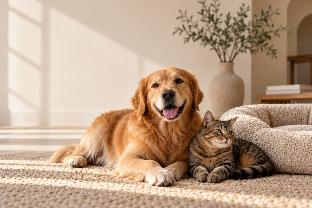 Chien golden retriever et chat dans un intérieur beige avec panier douillet