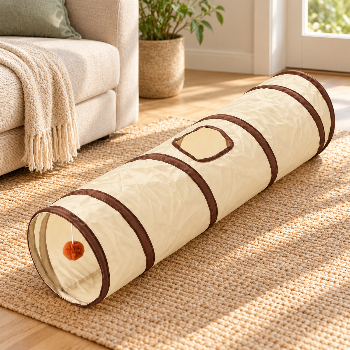 Tunnel de jeu pliable beige et café pour chat — ambiance
