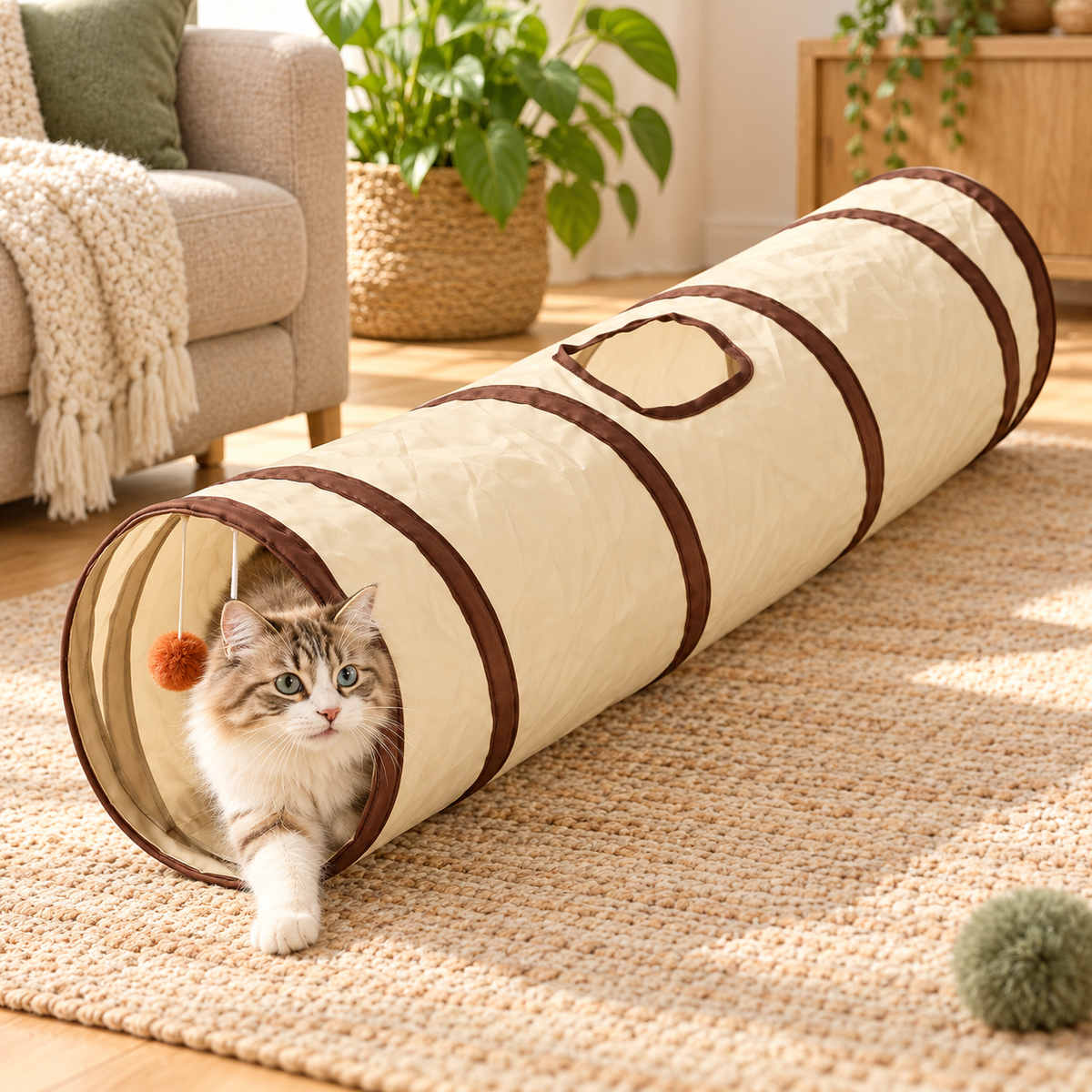 Tunnel de jeu pliable beige et café pour chat — demonstration