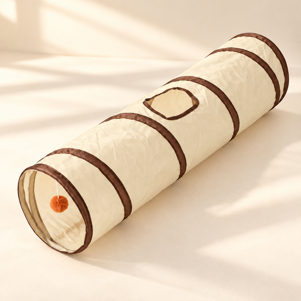 Tunnel de jeu pliable beige et café pour chat — studio