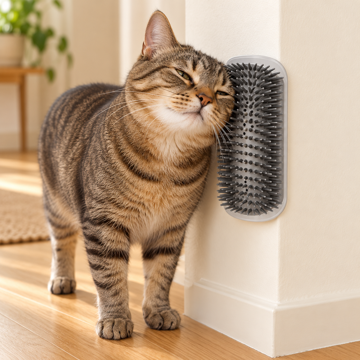 Brosse d’angle pour chat — son coin de frottement — mise en situation avec animal, visuel créé par IA, modèle à confirmer