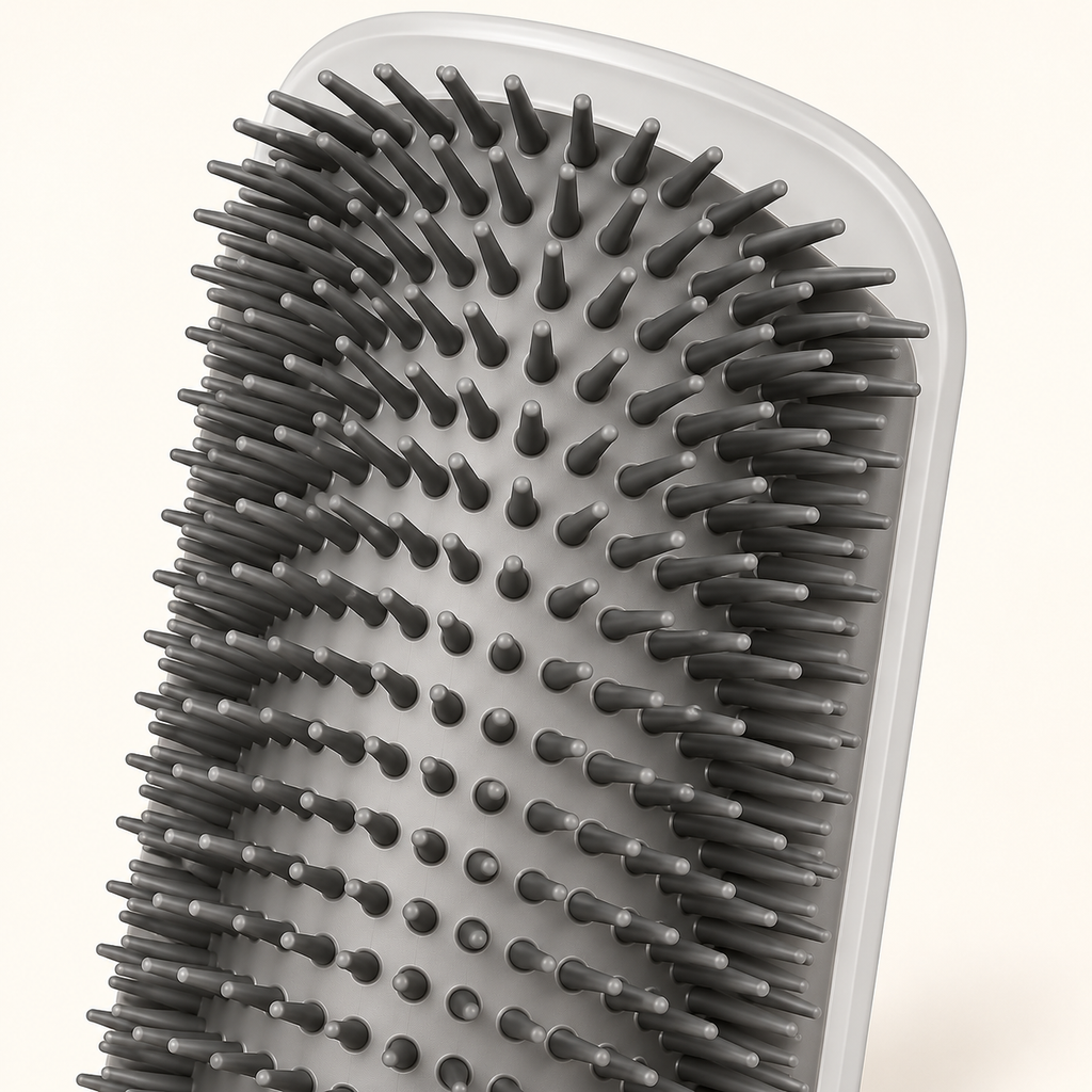 Brosse d’angle pour chat — son coin de frottement — gros plan, visuel créé par IA, modèle à confirmer