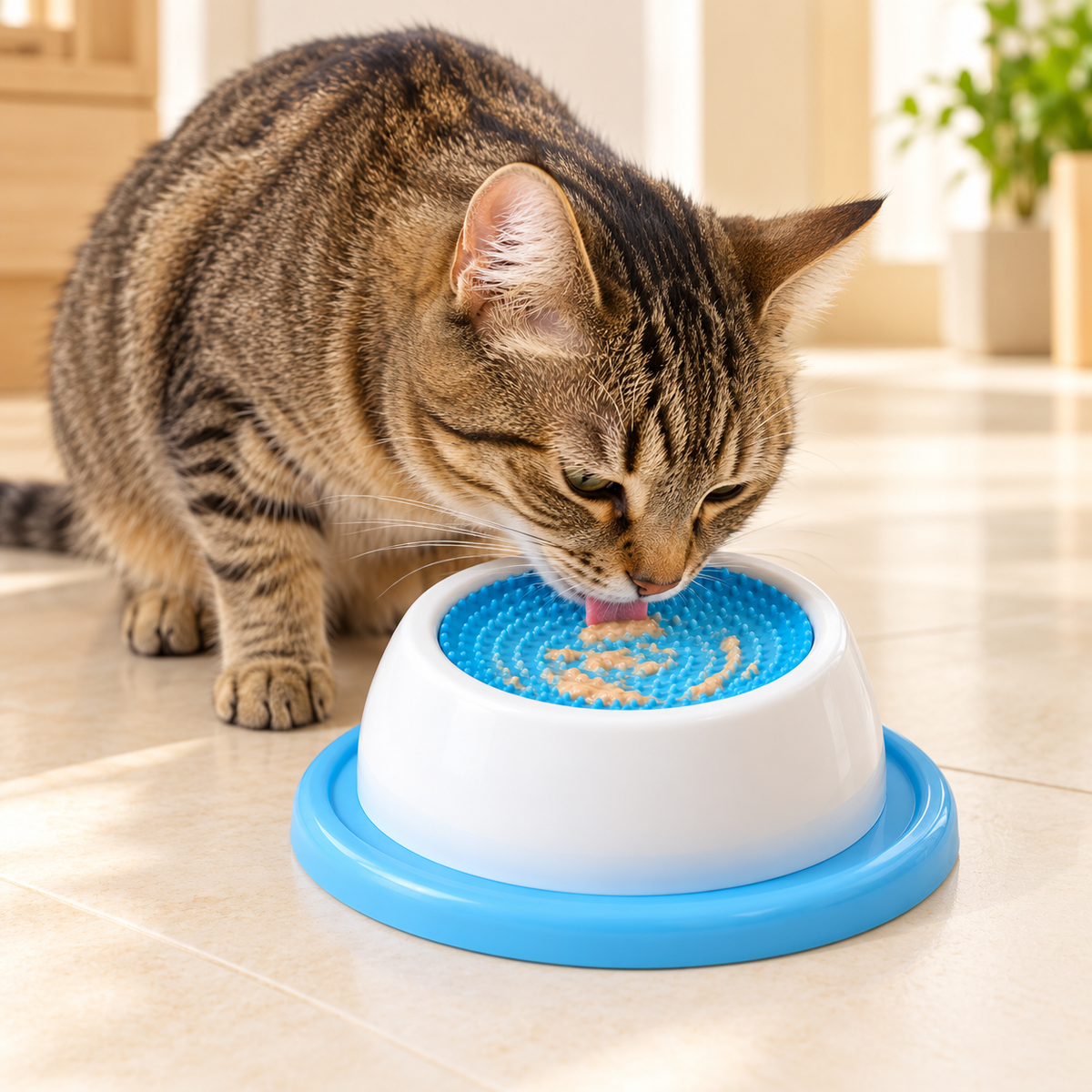 Bol de léchage pour chiens et chats — une pause gourmande — mise en situation avec animal, visuel créé par IA, modèle à confirmer